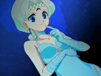 Rule 34 | 1990s (style), 1girl, bare shoulders, beruche (sailor moon), bishoujo senshi sailor moon, bishoujo senshi sailor moon r, blue background, blue eyes, blue gloves, braid, braided bangs, building, choker, city, comadori717, crescent, crescent facial mark, crescent moon, dutch angle, earrings, elbow gloves, facial mark, female focus, finger to mouth, forehead mark, gloves, jewelry, leotard, lipstick, long hair, makeup, moon, night, photo background, retro artstyle, sky, smile, solo, upper body, white hair