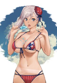 1girl american_flag american_flag_bikini american_flag_print asymmetrical_hair bikini blue_eyes breasts bun_cover cleavage day fate/grand_order fate_(series) flag_print flag_print_bikini food food_in_mouth grey_hair hair_bun highres holding holding_food j@ck large_breasts long_hair melting miyamoto_musashi_(fate) miyamoto_musashi_(fate/grand_order) miyamoto_musashi_(swimsuit_berserker)_(fate) miyamoto_musashi_(swimsuit_berserker)_(second_ascension)_(fate) navel popsicle print_bikini single_hair_bun single_hair_intake solo strap_pull swept_bangs swimsuit tan tanline tongue underboob