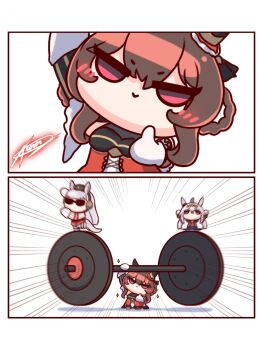 3girls ahoge animal_ears armband arms_up blue_eyes blue_sailor_collar blue_skirt blunt_bangs braid braided_hair_rings brooch brown_hair brown_hat chibi closed_mouth corset detached_sleeves dress dumbbell ear_covers ear_ornament exercising gentildonna_(regina_dei_fiori)_(umamusume) gentildonna_(umamusume) gloves gold_ship_(red_strife)_(umamusume) gold_ship_(umamusume) grey_hair grey_tail hair_between_eyes hair_ornament hair_rings hairband hat heart-shaped_ornament heart_ear_ornament highres holding holding_dumbbell horse_ears horse_girl horse_pose horse_tail jewelry kuroij leggings long_hair long_sleeves looking_at_viewer multicolored_hair multiple_girls neckerchief oguri_cap_(starlight_beat)_(umamusume) oguri_cap_(umamusume) pantyhose pillbox_hat red_corset red_dress red_eyes red_neckerchief sailor_collar shirt skirt sleeveless sleeveless_dress smile star_brooch sunglasses tail thumbs_up umamusume weightlifting white_gloves white_leggings white_pantyhose white_shirt