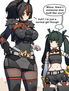 ... 2girls absurdres armor bare_shoulders black_gloves black_hair black_horns black_jacket black_shorts blush breastplate breasts caesar_king_(zenless_zone_zero) caesar_king_(zenless_zone_zero)_(cosplay) cleavage closed_mouth commentary cosplay cowboy_shot detached_pants dorahdew english_commentary english_text fake_horns fur-trimmed_jacket fur_trim gloves goggles goggles_around_neck green_eyes green_hair hair_between_eyes hair_intakes hair_ornament hand_on_own_hip highres horns jacket large_breasts looking_at_another midriff multicolored_hair multiple_girls navel no_pupils pantyhose piper_wheel piper_wheel_(cosplay) ponytail qingyi_(zenless_zone_zero) red_eyes red_hair red_streaks shorts simple_background single_glove small_breasts speech_bubble sphere_hair_ornament spoken_ellipsis streaked_hair twintails white_background yellow_gloves zenless_zone_zero zhu_yuan