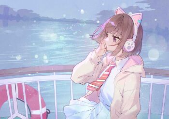 Rule 34 | absurdres, animal ear headphones, animal ears, artist request, blue sky, blunt bangs, bob cut, brown hair, brown jacket, cat ear headphones, cat ears, commentary request, diagonal-striped clothes, diagonal-striped necktie, expressionless, fake animal ears, fence, headphones, highres, ikizulive! love live! bluebird, jacket, lifebuoy, light particles, long sleeves, love live!, medium hair, necktie, ocean, official art, outdoors, purple eyes, red necktie, sasaki shion, shirt, skirt, sky, striped clothes, swim ring, water, white shirt, white skirt