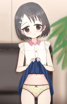 1girl absurdres animal_hair_ornament black_bow blue_bow blue_skirt blush bow bow_panties brown_eyes brown_hair cherry_print clothes_lift clothes_writing crotch_seam flat_chest food_print fruit_print hair_bow hair_ornament hairclip highres idolmaster idolmaster_cinderella_girls lifting_own_clothes loli looking_at_viewer navel panties plant print_panties rabbit_hair_ornament sasaki_chie shirt shooko short_hair skirt skirt_lift sleeveless sleeveless_shirt smile standing underwear white_shirt yellow_panties