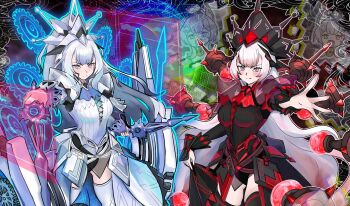 Rule 34 | 2girls, black dress, black thighhighs, black tiara, blush, closed mouth, clothes lift, commentary request, dress, dress lift, dual wielding, duel monster, frilled dress, frills, highres, holding, holding sword, holding weapon, lifting own clothes, long hair, long sleeves, looking at viewer, maliss <p> chessy cat, maliss <q> red ransom, maliss <q> white binder, multiple girls, pink eyes, pink hair, puffy sleeves, sword, thighhighs, tiara, very long hair, weapon, white dress, white hair, white thighhighs, white tiara, xzon (chai z), yu-gi-oh!