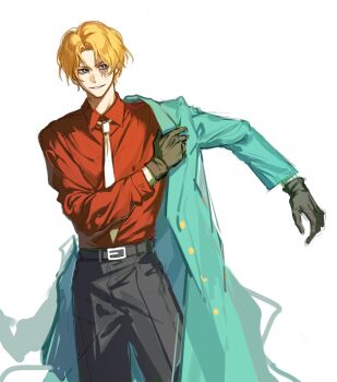 Rule 34 | 1boy, belt, black gloves, black pants, blonde hair, blue coat, blue eyes, coat, commentary request, cowboy shot, gloves, highres, looking to the side, male focus, necktie, one piece, pants, red shirt, sa alkali22, sabo (one piece), scar, scar on face, shirt, shirt tucked in, short hair, simple background, smile, solo, white background, white necktie