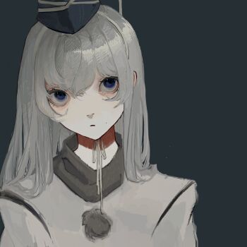 1girl bags_under_eyes black_background blue_eyes blue_hat closed_mouth commentary detached_sleeves expressionless grey_hair hair_down hat hat_ribbon hatsburg highres japanese_clothes kariginu light_frown long_hair long_sleeves looking_at_viewer mononobe_no_futo neck_ribbon nostrils pom_pom_(clothes) realistic ribbon simple_background solo straight-on straight_hair tate_eboshi touhou upper_body white_ribbon white_sleeves