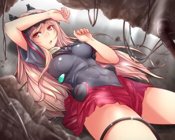 1girl arm_over_head arm_up black_shirt blonde_hair blouse blurry blurry_foreground breasts commentary_request covered_navel darius_(series) darius_burst debris depth_of_field female_focus headgear kitayama_miuki long_hair looking_at_viewer lying medium_breasts miniskirt on_back open_mouth pleated_skirt rebar red_eyes red_skirt shirt short_sleeves skirt solo ti2