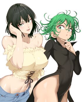 2girls absurdres bare_shoulders black_dress breast_envy breasts collarbone collared_dress covered_navel denim dress female_focus fubuki_(one-punch_man) green_eyes green_hair highres jeans large_breasts looking_at_viewer matching_hair/eyes midriff multiple_girls navel no_panties one-punch_man pants psychic shiny_skin short_hair siblings simple_background sisters small_breasts stayaliveplz tatsumaki white_background
