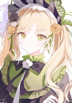 Rule 34 | 1girl, absurdres, black flower, black ribbon, black rose, blonde hair, chinese commentary, closed mouth, commentary request, flower, green bonnet, green eyes, hair flower, hair ornament, highres, leaf hair ornament, lolita fashion, long hair, looking at viewer, mahou shoujo no majo saiban, neck ribbon, ribbon, rose, shanliang de huo xiyi, simple background, solo, tono hanna, twintails, upper body, white background, yellow flower, yellow rose