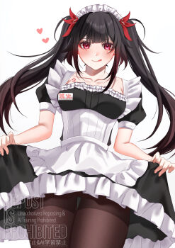 1girl absurdres alternate_costume apron black_dress black_hair blunt_bangs breasts brown_pantyhose butterfly-shaped_pupils chest_tattoo closed_mouth clothes_lift collarbone commentary_request cowboy_shot dress dress_lift enmaided fingernails flower_tattoo frills hair_ornament hands_up heart highres honkai:_star_rail honkai_(series) long_hair looking_at_viewer maid maid_headdress medium_breasts mole mole_under_each_eye mole_under_eye multiple_moles pantyhose pink_eyes puffy_short_sleeves puffy_sleeves short_sleeves sidelocks simple_background smile solo sparkle_(honkai:_star_rail) standing symbol-shaped_pupils tattoo thighs tongue tongue_out twintails user_xdhu4853 waist_apron watermark white_apron white_background