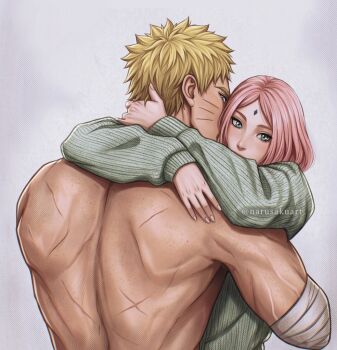 Rule 34 | 1boy, 1girl, blonde hair, boruto: naruto next generations, boruto (series), facial mark, haruno sakura, hug, multiple scars, muscular, muscular male, narusakuart1, naruto (series), pink hair, scar, spiked hair, uzumaki naruto, whisker markings