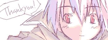 ! 1girl archived_source asami_natsuhito black_sailor_collar black_sleeves closed_mouth commentary_request english_text facing_viewer hair_between_eyes jaggy_lines light_smile looking_to_the_side lowres no_sclera original pale_color purple_hair red_eyes sailor_collar short_hair solo speech_bubble straight_hair thank_you