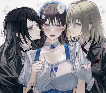 3girls bang_dream! bang_dream!_it&#039;s_mygo!!!!! black_hair black_jacket blackfangs blonde_hair blush breasts brown_hair closed_mouth commentary girl_sandwich hair_between_eyes hair_ornament holding_hands jacket large_breasts long_hair lower_teeth_only misumi_uika multiple_girls neck_ribbon open_mouth panda_hair_ornament purple_eyes red_ribbon ribbon sandwiched shiina_taki shirt teeth upper_body white_shirt yahata_umiri yuri
