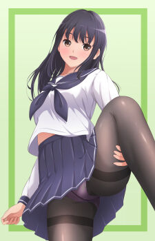 1girl akippoi_0919 black_hair black_pantyhose brown_hair hand_on_own_thigh highres original panties panties_under_pantyhose pantyhose school_uniform serafuku underwear