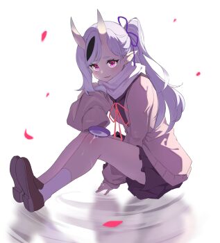 Rule 34 | 1girl, absurdres, black serafuku, black shirt, black shoes, black skirt, black streaks, blush, brown cardigan, cardigan, chinese commentary, commentary request, falling petals, fang, full body, gradient horns, hair between horns, hair pulled back, highres, hikimayu, horns, knee blush, knees up, loafers, long hair, long sleeves, looking at viewer, meng ge 3 (565571710), miniskirt, mole, mole under mouth, multicolored hair, multicolored horns, nijisanji, official alternate costume, official alternate hairstyle, oni, petals, pleated skirt, pointy ears, purple eyes, purple hair, purple horns, rindou mikoto, rindou mikoto (3rd costume), ripples, scarf, school uniform, serafuku, shirt, shoes, side ponytail, single hair streak, sitting, skin-covered horns, skin fang, skirt, sleeves past fingers, sleeves past wrists, smile, socks, solo, streaked hair, thick eyebrows, virtual youtuber, white scarf, white socks