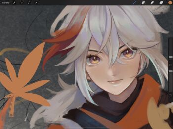 1boy art_program_in_frame black_shirt brown_eyes closed_mouth commentary double-parted_bangs english_commentary genshin_impact hair_between_eyes highres kaedehara_kazuha kookirani leaf looking_at_viewer male_focus maple_leaf multicolored_hair red_hair shirt solo streaked_hair unfinished upper_body white_hair