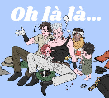 5boys age_regression aged_down baby black_hair black_hat black_tank_top brown_hair chain cherry_earrings child commentary_request crying dark-skinned_male dark_skin dog earrings english_text facial_mark flattop food-themed_earrings food_themed_earrings gloves grey_hair grey_hat grey_pants hat heart heart_earrings highres hokkyoku_(uuunnoo2) iggy_(jojo) jean_pierre_polnareff jewelry jojo_no_kimyou_na_bouken joseph_joestar joseph_joestar_(old) joseph_joestar_(young) kakyoin_noriaki kuujou_joutarou male_focus mohammed_avdol multiple_boys muscular muscular_male oversized_clothes pants red_hair shirt stardust_crusaders starfish tank_top tears unworn_hat unworn_headwear unworn_shirt