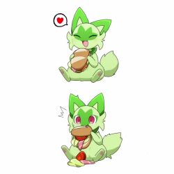 ^_^ animated closed_eyes commentary eating fang food food_in_mouth food_malfunction full_body heart holding holding_food looping_animation multiple_views nintendo no_humans open_mouth pawpads pokemon pokemon_(creature) red_eyes sandwich sequential simple_background sitting smile speech_bubble spoken_heart sprigatito tagme tail tail_wagging taro_(tontaro) tomato tomato_slice video white_background