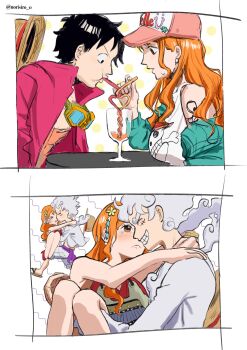 1boy 1girl 2025 armor arms_around_neck bare_shoulders baseball_cap black_hair blush breastplate breasts carrying closed_eyes crazy_straw cup drinking_straw earrings facial_scar from_side gear_fifth goggles goggles_around_neck grin hair_ornament hashtag-only_commentary hat heart_straw hetero highres jacket jacket_partially_removed japanese_armor japanese_clothes jewelry jolly_roger kimono kiss large_breasts long_hair monkey_d._luffy nami_(one_piece) nami_(one_piece)_(onigashima) norisiro_0 off_shoulder official_alternate_costume one_piece open_clothes open_jacket open_shirt orange_hair pearl_earrings princess_carry profile red_kimono red_shirt scar scar_on_cheek scar_on_chest scar_on_face shared_drink shared_straw shirt short_hair short_kimono shoulder_tattoo sleeveless sleeveless_kimono smile straw_hat straw_hats_jolly_roger sweatdrop table tattoo tears transformation unworn_hat unworn_headwear upper_body wavy_hair white_hair white_shirt