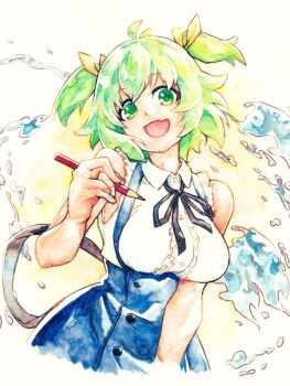 1girl :d ahoge assault_lily bare_arms bare_shoulders black_ribbon black_skirt breasts buttons center_frills collared_shirt cropped_arms cropped_torso digamma fang frilled_shirt frills green_eyes green_hair hair_ribbon hand_up hashtag-only_commentary high-waist_skirt highres holding holding_pencil looking_at_viewer medium_breasts neck_ribbon open_mouth pencil ribbon school_uniform shirt short_hair skin_fang skirt sleeveless sleeveless_shirt smile solo suspender_skirt suspenders traditional_media two-tone_background two_side_up upper_body water white_background yellow_background yellow_ribbon yoshimura_thi_mai yurigaoka_girls_academy_school_uniform