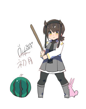 Rule 34 | 1girl, absurdres, black bodysuit, black headband, black neckerchief, bodysuit, brown hair, character name, corset, dated, dress, food, fruit, grey dress, grey footwear, hachimaki, hair flaps, hatsuzuki (kancolle), headband, highres, holding, holding staff, inica, jacket, kantai collection, neckerchief, one-hour drawing challenge, rabbit, short hair, signature, staff, suikawari, watermelon, white background, white jacket, yellow eyes