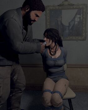 1boy 1girl 3d absurdres arms_behind_back bdsm bondage bound bound_legs breast_bondage breasts brown_hair chair closed_eyes cloth_gag gag gag_around_neck unworn_gag highres improvised_gag jewelry jonah_maiava lara_croft mouth_stuffed necklace removing_gag rescue rope sitting skvrwiel tied_to_chair tomb_raider tomb_raider_(reboot)