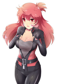1girl belt biker_clothes bikesuit black_bodysuit bodysuit breasts choker cleavage collar dancouga_(series) dancouga_nova female_focus hair_between_eyes hidaka_aoi highres juusou_kikou_dancouga_nova long_hair pink_eyes pink_hair simple_background solo sudhiro_sappurisa undershirt unzipped unzipped_bodysuit white_background