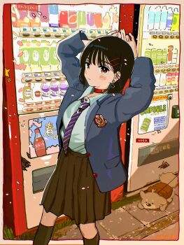 1girl absurdres arms_behind_head artist_name black_hair black_skirt black_socks blazer blue_jacket blush border cherry_blossoms choker choppy_bangs closed_mouth collared_shirt commentary diagonal-striped_clothes diagonal-striped_necktie dog earrings english_text falling_petals feet_out_of_frame hair_behind_ear hair_ornament hairclip hasu highres hoop_earrings jacket jewelry leash necktie original outdoors parallel_hairclips petals pleated_skirt purple_necktie red_choker red_eyes school_emblem school_uniform shirt shirt_tucked_in short_hair skirt socks solo standing striped_clothes vending_machine