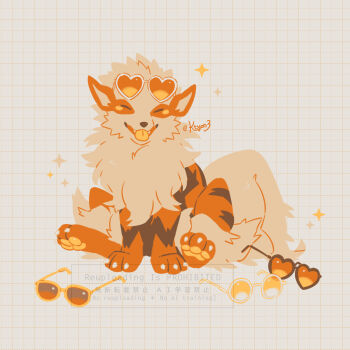 Rule 34 | animal focus, arcanine, closed eyes, eyewear on head, fangs, fluffy, gen 1 pokemon, highres, kechon-san, looking at viewer, nintendo, no humans, open mouth, orange fur, pokemon, pokemon (creature), pokemon focus, simple background, sitting, smile, sunglasses, tail, tongue