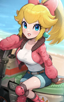 1girl absurdres beach blonde_hair blue_eyes blue_shorts blush boots bow breasts commentary_request denim denim_shorts earrings gloves gonzarez hair_bow highres jacket jewelry knee_pads large_breasts long_hair looking_at_viewer mario_(series) mario_kart mario_kart_world motor_vehicle motorcycle nintendo on_motorcycle open_clothes open_jacket outdoors partially_open_jacket pink_boots pink_bow pink_jacket ponytail princess_peach princess_peach_(touring) rally_bike_(mario_kart_world) shirt short_shorts shorts smile solo sphere_earrings water