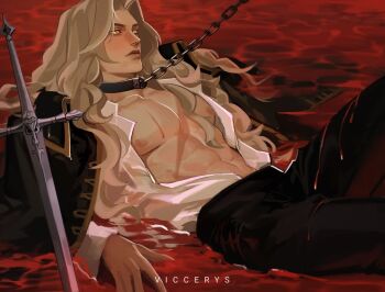 1boy abs alucard_(castlevania) artist_name bare_pectorals black_choker black_coat black_pants blonde_hair blood castlevania_(series) chain choker coat coat_on_shoulders collarbone commentary curtained_hair english_commentary lips long_hair long_sleeves lying male_focus on_back open_clothes open_shirt pants pectorals planted planted_sword planted_weapon shirt shirt_tucked_in solo sword viccerys wavy_hair weapon white_shirt yellow_eyes