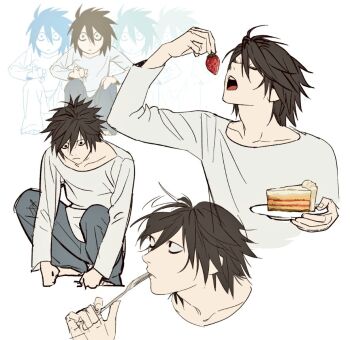1boy bags_under_eyes barefoot black_hair blue_pants cake closed_eyes commentary_request dailysarndean death_note eating food fork fruit full_body hair_between_eyes holding holding_cake holding_food holding_fork holding_fruit korean_commentary l_(death_note) light_frown male_focus multiple_views no_eyebrows open_mouth pants shirt short_hair solo spiked_hair squatting strawberry upper_body utensil_in_mouth white_background white_shirt