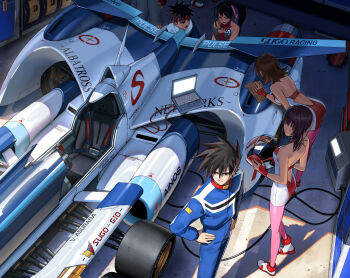 3girls 4boys absurdres black_hair brown_hair car cleaning_rag clipboard commentary computer english_commentary flag_print formula_racer headband helmet highres holding holding_clipboard holding_unworn_helmet japanese_flag japanese_flag_print joie long_hair motor_vehicle multiple_boys multiple_girls original out_of_frame race_queen race_vehicle racecar red_headband spiked_hair unworn_helmet