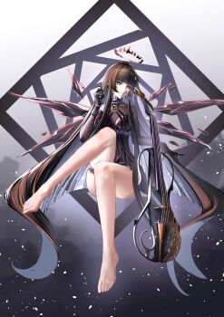 1girl absurdres arknights bare_legs barefoot black_dress black_gloves black_hair black_wings blunt_bangs breasts brown_eyes brown_hair chinese_commentary commentary_request crossed_legs dress feet full_body gloves halo highres instrument legs long_hair looking_at_viewer mu_aii official_alternate_costume sitting solo toes very_long_hair violin virtuosa_(arknights) wings