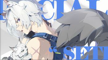 1boy absurdres animal animal_ear_fluff animal_ears black_gloves blue_bag blue_eyes cat character_name fang gloves grey_hair hair_between_eyes hand_on_own_neck highres holding holding_animal leopard_ears leopard_tail looking_at_viewer looking_back male_focus mindscape_cinema_(zenless_zone_zero) official_art open_mouth profile purple_eyes scar scar_on_arm scar_on_face seth_lowell short_hair sideways_glance solo sweat tail teeth text_background upper_body white_cat white_hair wolf wolf_boy wolf_ears wolf_tail zenless_zone_zero