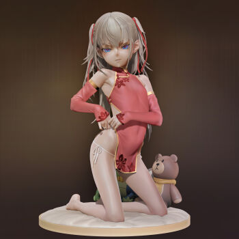 1girl 3d alice_(as109) as109 bad_id bad_pixiv_id bare_shoulders blonde_hair blue_eyes borrowed_character bow china_dress chinese_clothes city_no.109 covered_navel detached_sleeves dress female_focus flat_chest hair_bow highres kneeling leslyzerosix lips loli long_hair panties pink_bow side-tie_panties soles solo stuffed_animal stuffed_toy teddy_bear twintails underwear