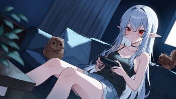 1girl armpit_crease bare_arms bare_shoulders black_choker black_shirt blue_shorts blurry breasts camisole character_request choker cleavage collarbone commentary commission controller couch denim denim_shorts depth_of_field dutch_angle english_commentary feet_out_of_frame fur_trim game_controller holding holding_controller holding_game_controller indie_virtual_youtuber indoors long_hair looking_down medium_breasts mugripley parted_lips pointy_ears red_eyes shirt short_shorts shorts sitting sleeveless sleeveless_shirt solo spaghetti_strap squirrel thighs very_long_hair virtual_youtuber white_hair