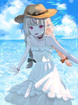 1girl a-pose backlighting bangle bare_shoulders belt_collar black_bow black_ribbon blunt_bangs blush bow bracelet braid cloud collar collarbone cowboy_shot dress fang flat_chest grey_hair hair_ribbon hat hat_bow highres horizon jewelry lace_trim lens_flare long_hair makaino_ririmu makaino_ririmu_(3rd_costume) multicolored_hair nijisanji ocean parted_lips pointy_ears red_collar red_eyes red_hair ribbon see-through_clothes see-through_skirt sidelocks skirt sky sleeveless sleeveless_dress smile solo standing strap_slip straw_hat streaked_hair sundress twin_braids twitter_username virtual_youtuber white_dress yellow_hat yoza_xxx