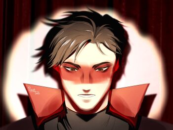 1boy animification anthony_stellar artist_name black_hair black_shirt brown_eyes hashtag-only_commentary highres jacket lips lipstick looking_down makeup male_focus my_student_spirit parted_lips portrait shadow shirt short_hair signature solo spotlight suntues teeth twitter_username w w_over_eye