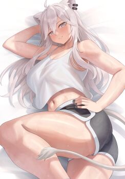 1girl absurdres ahoge alternate_costume animal_ear_piercing animal_ears aoi_zerii arm_behind_head bed_sheet black_nails black_shorts breasts commentary crop_top dolphin_shorts double-parted_bangs grey_eyes grey_hair hair_between_eyes hand_on_own_hip head_and_hip_pose highres hololive large_breasts lion_ears lion_tail long_hair long_sidelocks looking_at_viewer lying midriff nail_polish navel nipples on_side open_mouth paid_reward_available shirt shishiro_botan short_shorts shorts sidelocks smile solo tail tank_top virtual_youtuber white_tank_top