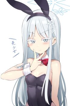 1girl absurdres animal_ear_hairband animal_ears bare_shoulders black_leotard blue_archive blush breasts covered_navel detached_collar fake_animal_ears grey_eyes hairband halo highleg highleg_leotard highres leotard long_hair looking_at_viewer nagusa_(blue_archive) parted_bangs playboy_bunny rabbit_ear_hairband rabbit_ears sen_(astronomy) sidelocks small_breasts smile solo translation_request very_long_hair white_hair wrist_cuffs