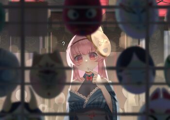 Rule 34 | 1girl, ?, absurdres, alternate costume, blue kimono, blurry, bow, bowtie, commentary, depth of field, fox mask, hata no kokoro, highres, japanese clothes, kimono, long hair, long sleeves, looking at viewer, mask, mask on head, no noru, obi, off shoulder, people, pink eyes, pink hair, plaid clothes, plaid kimono, red bow, red bowtie, sash, solo, star (symbol), touhou, wide sleeves