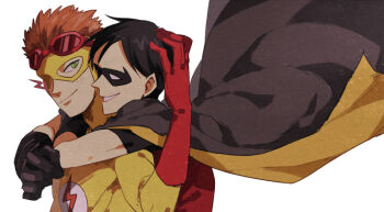 2boys black_hair cape cartoon_network dc_comics dick_grayson doudoude_dou freckles glasses gloves goggles kid_flash male_focus mask multiple_boys orange_hair robin_(dc) short_hair simple_background wally_west young_justice:_invasion