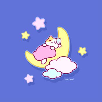 :< animal animal_focus animated animated_gif blanket blue_background blue_outline cat closed_mouth cloud commentary english_commentary hat looping_animation mai_narushima nightcap no_humans original outline pink_blanket signature sleeping solo star_(symbol) under_covers yume_kawaii