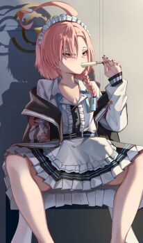 1girl ahoge apron black_nails black_skirt blue_archive braid floral_print_jacket food food_in_mouth frilled_apron frilled_hairband frills hair_ornament hairband halo holding_food holding_popsicle huge_ahoge jacket mahoro_(minase_mahoro) maid maid_headdress medium_hair mole_under_each_eye mole_under_eye multiple_moles neru_(blue_archive) off-shoulder_jacket off_shoulder open_clothes open_jacket orange_hair popsicle popsicle_in_mouth red_eyes shadow shirt side_braid sitting skirt solo spread_legs sukajan white_apron white_shirt