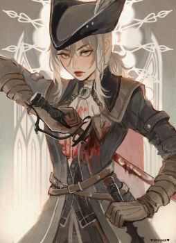 1girl artist_name ascot black_coat blood blood_on_clothes bloodborne brown_gloves coat commentary frown gloves grey_eyes hat_feather highres holding holding_weapon impaled lady_maria_of_the_astral_clocktower mace ponytail red_lips solo sword vicki_tsai weapon white_ascot white_hair