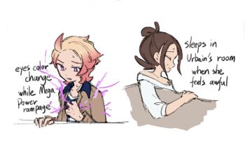 1boy 1girl ahoge alternate_eye_color blonde_hair bright_pupils brown_hair brown_jacket closed_eyes closed_mouth commentary harmony_(pokemon) jacket long_sleeves looking_down lying nintendo off-shoulder_shirt off_shoulder on_side open_clothes open_jacket pokemon pokemon_legends:_z-a purple_eyes shirt sleeping sweat three-quarter_sleeves under_covers urbain_(pokemon) white_shirt xlii_idk