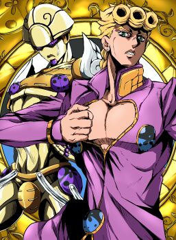 Rule 34 | 2boys, anime coloring, armor, blonde hair, braid, braided ponytail, clothing cutout, codpiece, commentary, cowboy shot, ear piercing, giorno giovanna, giorno giovanna's pose, gold experience, gold skin, green eyes, guutara (mutr5724), highres, jojo no kimyou na bouken, jojo pose, ladybug ornament, looking at viewer, multiple boys, muscular, muscular male, no pupils, official style, parody, parted lips, piercing, pink shirt, pulling own clothes, purple eyes, shirt, shoulder armor, stand (jojo), style parody, v-shaped eyebrows, vento aureo, victory rolls