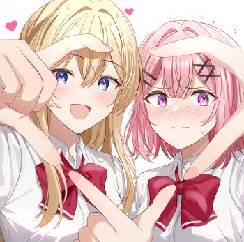 2girls absurdres amaori_renako ashigaya_high_school_uniform blonde_hair blue_eyes blush bow bowtie closed_mouth embarrassed hair_ornament hairclip heart heart_hands highres long_hair looking_at_viewer multiple_girls open_mouth ouzuka_mai parallel_hairclips pink_hair purple_eyes red_bow rupinn_art school_uniform shirt short_hair simple_background watashi_ga_koibito_ni_nareru_wake_naijan_murimuri! white_background white_shirt x_hair_ornament yuri