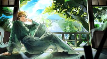 1boy black_hair blonde_hair closed_mouth cloud colored_tips commentary_request day ear_piercing earrings from_side hair_between_eyes highres japanese_clothes jewelry jujutsu_kaisen male_focus multicolored_hair multiple_piercings piercing short_hair sitting sky solo streaked_hair tree two-tone_hair xingkon818 yellow_eyes zen&#039;in_naoya