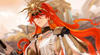 1girl absurdres ahong augusta_(wuthering_waves) blurry blurry_background breasts closed_mouth commentary_request earrings evening hair_between_eyes headgear highres holding holding_sword holding_weapon jewelry large_breasts long_hair looking_at_viewer orange_hair orange_sky outdoors red_eyes sky solo sun_earrings sun_necklace sword upper_body weapon wuthering_waves